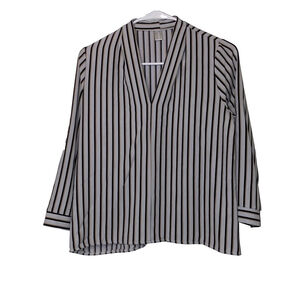 Women's Neverland Design V-Neck Blouse, Size M, White & Black, Tan Striped